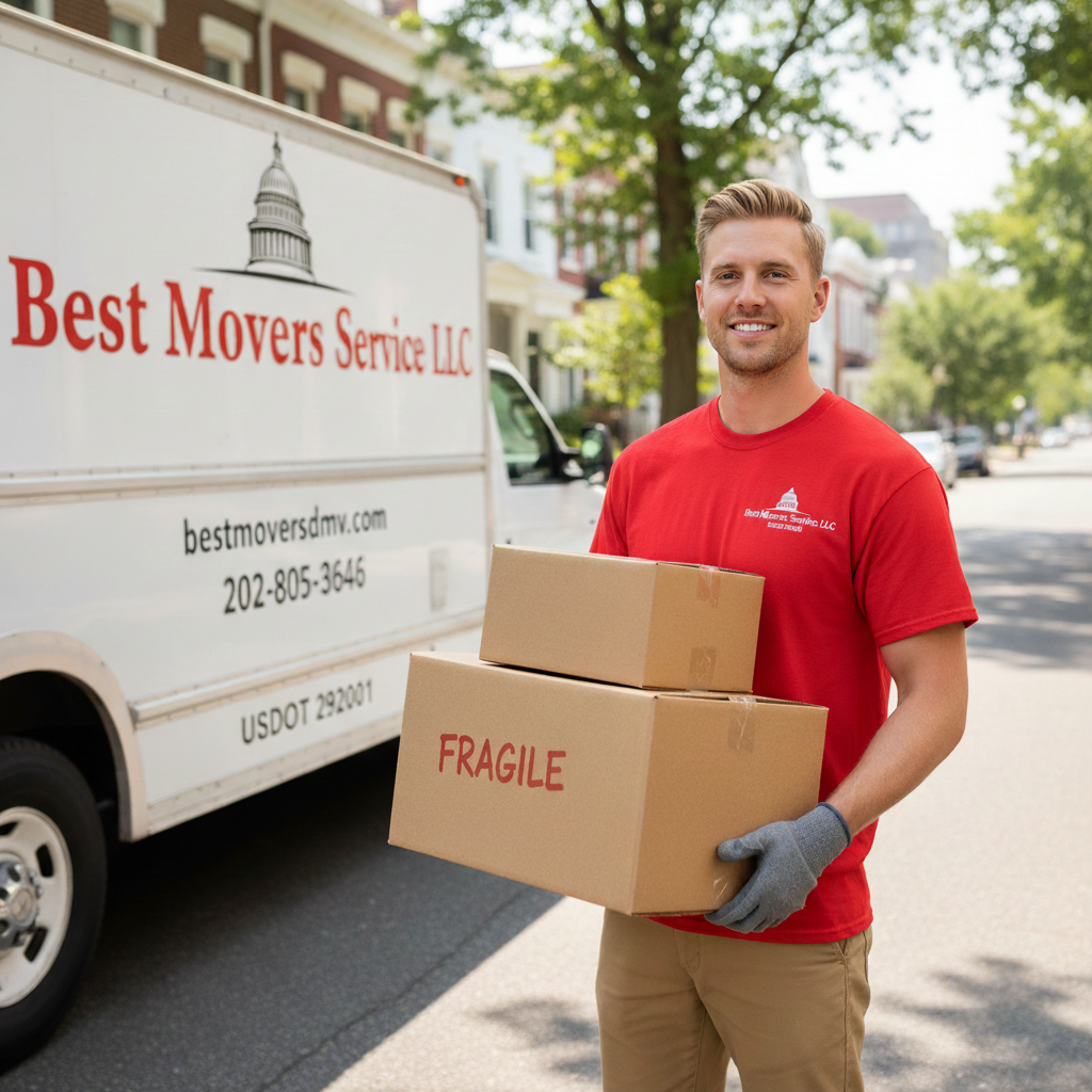 Professional mover in red branded t-shirt holding boxes in front of a branded moving truck