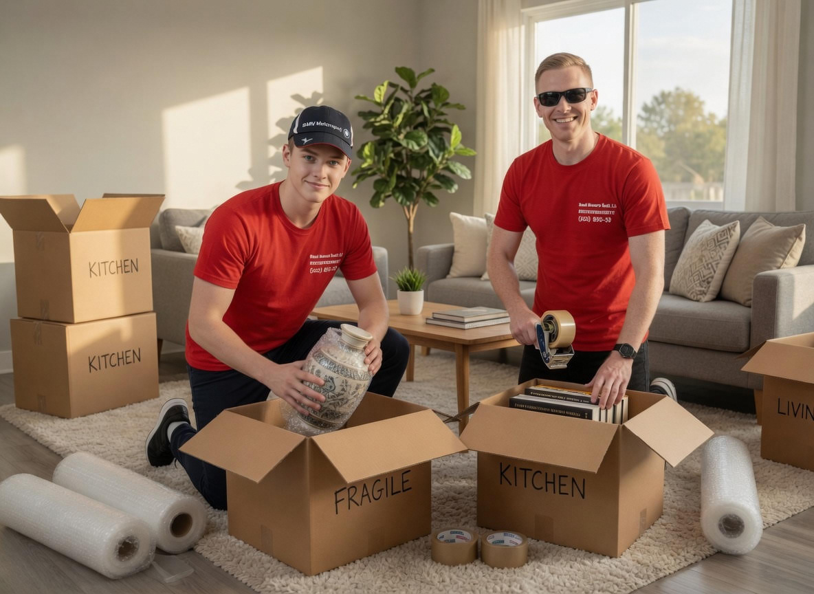 Two movers in red branded t-shirts packing labeled boxes with bubble wrap