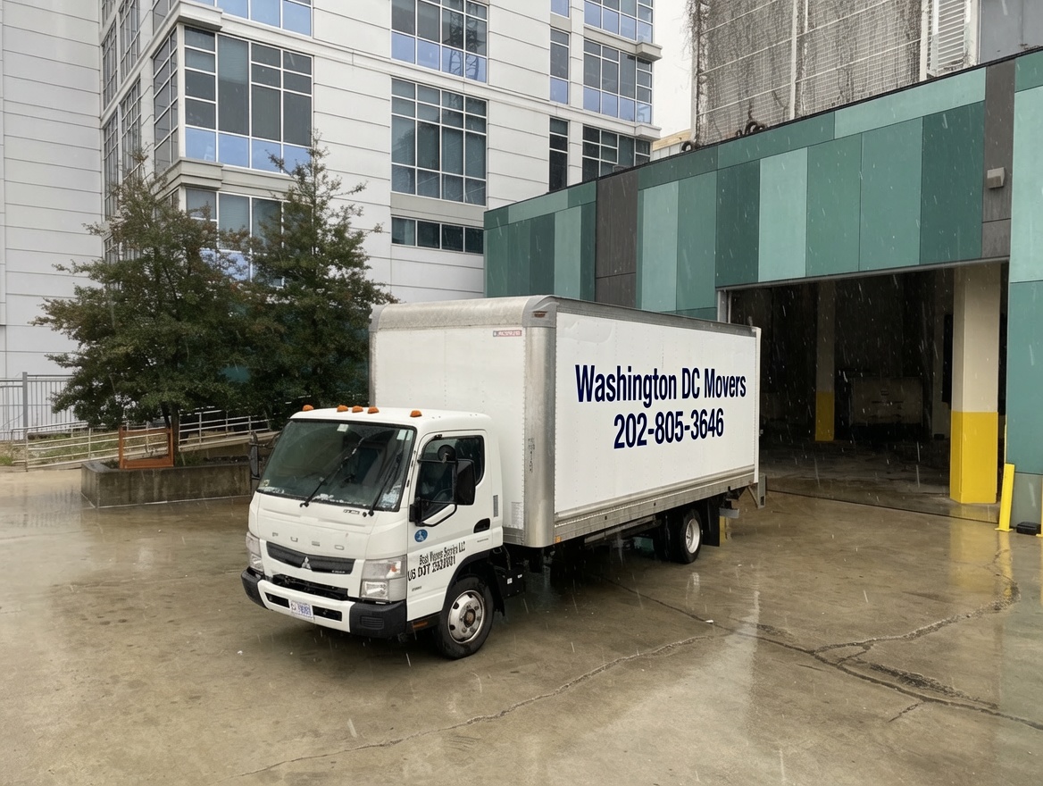 White Washington DC Movers branded box truck parked outside a building for move day delivery