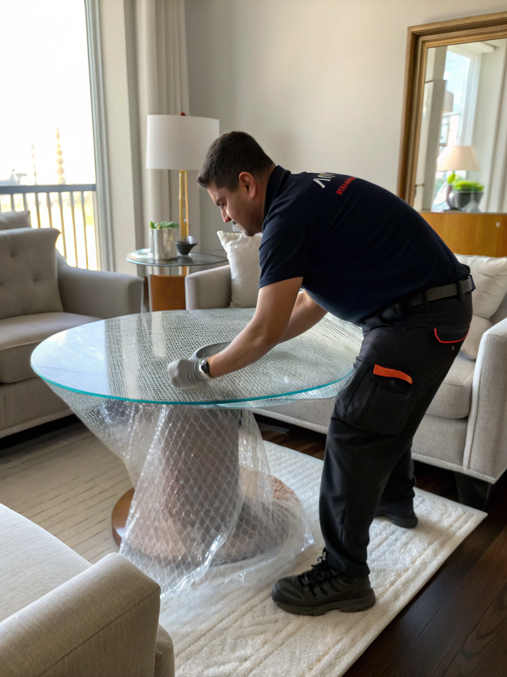 Professional packer in a red Washington DC Movers t-shirt wrapping household items