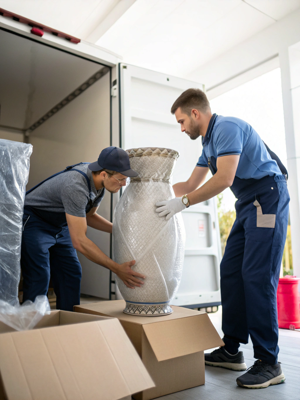 Movers in red Washington DC Movers t-shirts carefully crating a piece of fine art